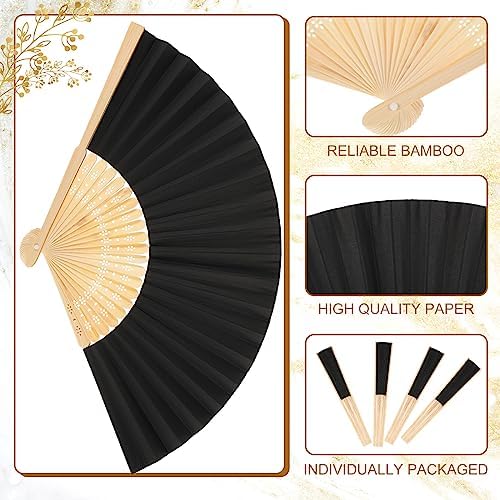 Yinkin 100 Pack Folding Hand Fans Bamboo for Party Favors, Black - Image 3