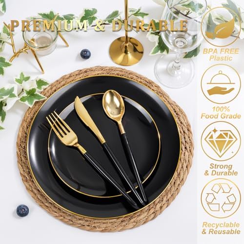 DaYammi 150Pcs Black Plastic Plates with Gold Silverware,Black Disposable Plates Set Included 30 Dinner Plate,30 Dessert plate,30 Knives,30 Forks,30 Spoons,black and gold plates for Party Wedding - Image 6