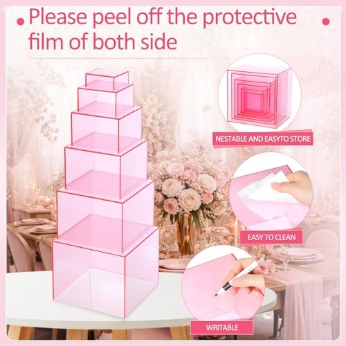Geelin 6 Pcs Acrylic Risers Cube Stands, Clear Pink, 3 to 8 Inch, Square - Image 3