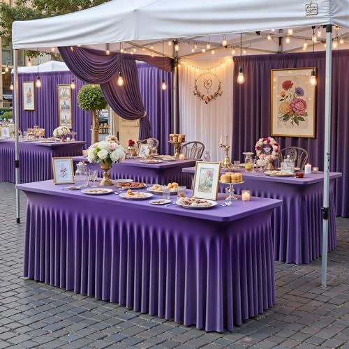 NSSONBEN 2 pk Purple Spandex Tablecloth for 6 Foot Rectangle Tables,Wrinkle Free Fitted Spandex Table Covers 6ft Stretch Table Cloths with Ruffle Skirt for Parties Weddings Banquet Baby Shower - Image 4