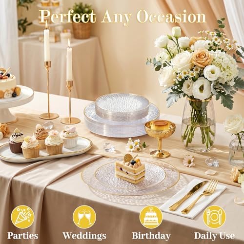Rubtlamp 60Pcs Clear Plastic Plates,Clear Disposable Plates With Gold Rim,Heavy-duty Gold Plates,Hammered Party Plates Include 30Clear Dessert-Platos,30Dinner-Platos for Wedding, Party - Image 4