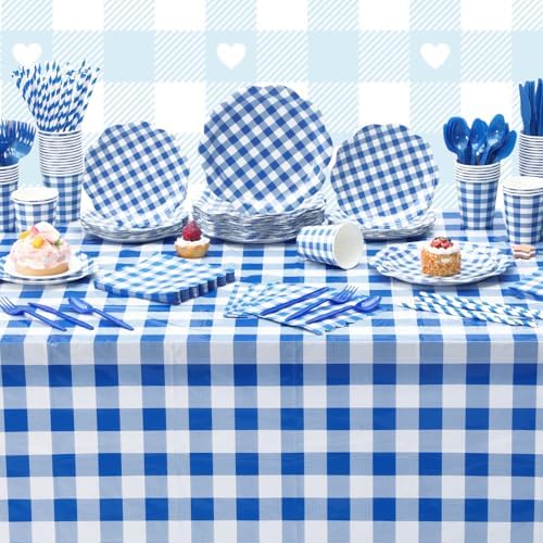 Funnymoom 452 Pcs Blue Gingham Party Supplies for 50, Dark Blue and White Gingham Checkered Paper Plates Napkins Cups Tablecloth Cutlery Straws for Birthday Family Picnic Barbecue Party Decoration - Image 5