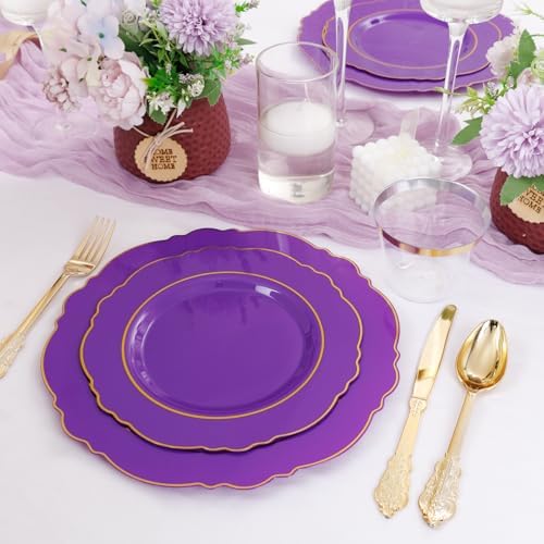 Liacere 175PCS Purple Plastic Plates-Disposable Purple and Gold - 25 guest Baroque Plastic Dinnerware include 50Plates,25Pack Pre Rolled Napkins with Silverware 25Cups for Wedding&Party＆Halloween - Image 4