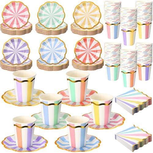 Yungyan 216 Pcs 72 Guests Pastel Paper Plates and Napkins 9 oz Party Cups 6" Scalloped Pastel Dessert Plates Colorful Stripe Disposable Tableware Set for Birthday Ice Cream Carnival Party Supplies by Yungyan