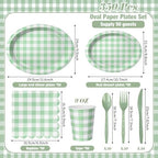 Pajean 350 Pcs Gingham Paper Plates and Napkins, Green White - Image 2