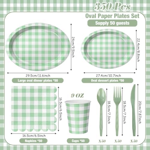 Pajean 350 Pcs Gingham Paper Plates and Napkins, Green White - Image 2