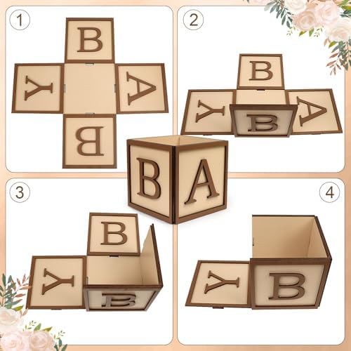 4 Set Baby Shower Centerpieces for Tables - 6 inch Wooden Boxes with Baby Letters Rustic Cube Planter Wood Blocks for Gender Reveal Party Favor (Brown) - Image 4