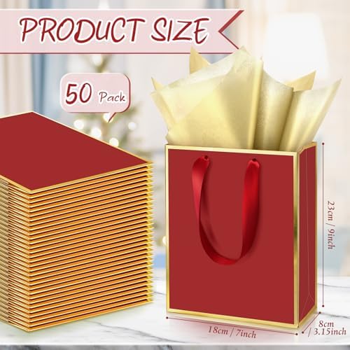 Yeaqee 50 Pcs Metallic Paepr Gift Bags Bulk with Handles,Burgundy Gold - Image 2