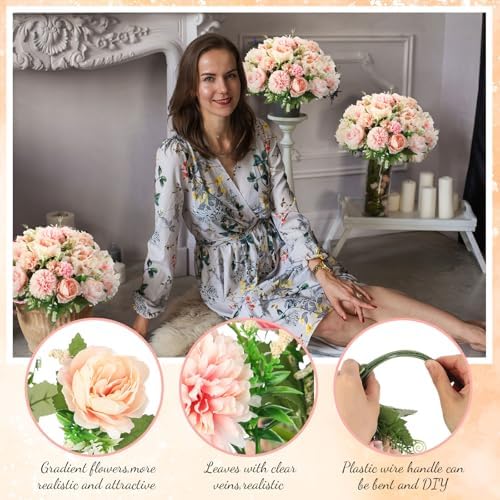 Tigeen 24 Bundles Artificial Flowers Bouquet Silk Peonies, Pink - Image 4