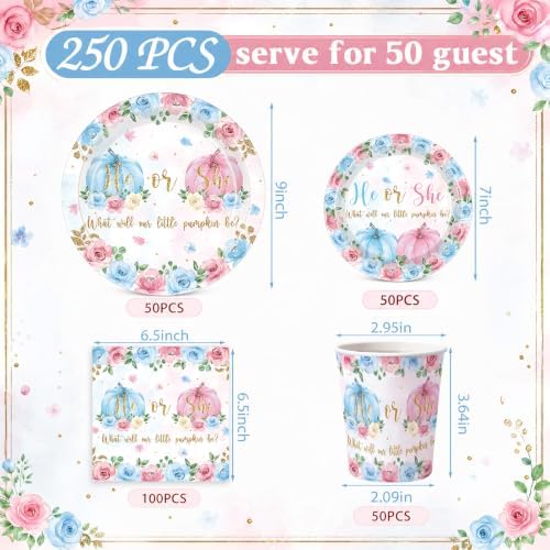 Funnymoom 250 Pcs Little Pumpkin Gender Reveal Paper Plates Napkins Cups - Image 3