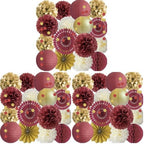 ANSOMO Burgundy and Gold Party Decorations Maroon Wine Dark Red Paper Fans Lanterns Tissue Pom Poms Wall Hanging Decor Supplies Bridal Baby Shower Birthday Wedding Graduation (Pack of 3) by ANSOMO
