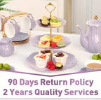 DUJUST Luxury Larger 3-Tier Cupcake Stand Tower, British Style Porcelain Serving Tray with Golden Trim, Food Grade Dessert Display Stand for Tea Party & Home Décor - 45% Purple Larger Plates - Image 6