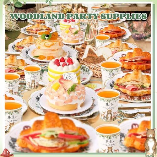 Funnymoom 400 Pcs Woodland Baby Shower Party Supplies for 50 Forest Animals Mountain Wilderness Plates Napkins Cups Spoons Forks Knives for Neutral Forest Animal Baby Shower(Green and Gold, Woodland) - Image 5