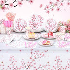 Funnymoom 452 Pcs Cherry Blossom Party Decorations Supplies Include Cherry Blossom Paper Plates Napkins Cups Tablecloth Cutlery Straws for Baby Shower Birthday Bridal Shower Wedding Party - Image 4