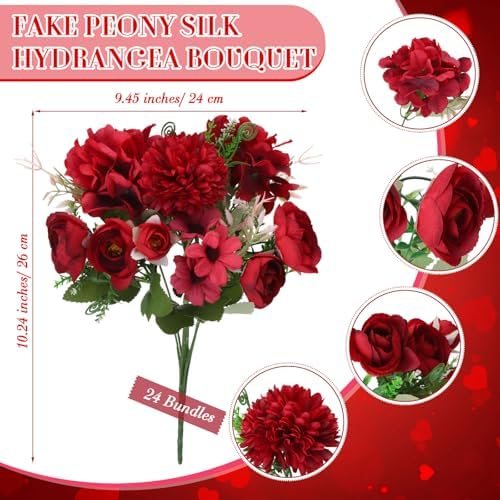 Tigeen 24 Bundles Peonies Artificial Flowers Faux Roses, Wine Red - Image 2