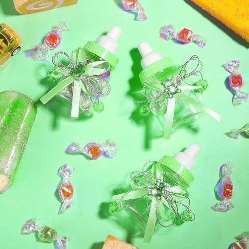 Nuenen 48 Pcs Baby Shower Milk Bottles with Ribbon Plastic Bear Candy Bottles Baby Shower Favors Gender Reveal Wedding Birthday Party Decorations(Green) - Image 7