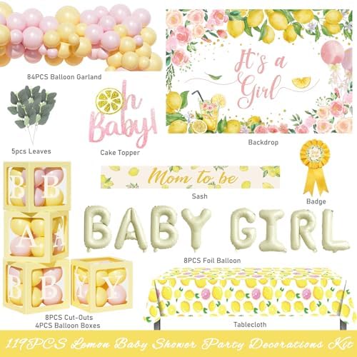 Costova Lemon Baby Shower Decorations, Its a Girl Baby Shower Party Decorations, Lemon Themed Backdrop Balloon Boxes Tablecloth Cake Topper Sash for Yellow Pink Lemon Party Supplies - Image 2