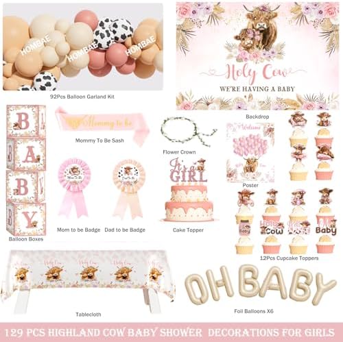 Hombae Highland Cow Baby Shower Decorations Girls, 129 PCs – Holy Cow Baby Shower Party Supplies with Floral Backdrop, Balloon Garland, It’s a Girl Cake Topper, Mommy To Be Sash, Headband - Image 2