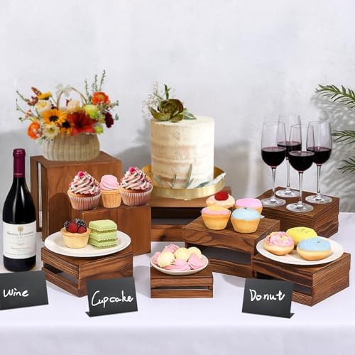 8PCS Wooden Buffet Risers and Stands with Reusable Table Signs, stackable Cube Rustic Wood Food Risers for Buffet Display, Cupcake Holder, Cupcake Stand, Dessert Table Display Set, 8PCS - Image 3