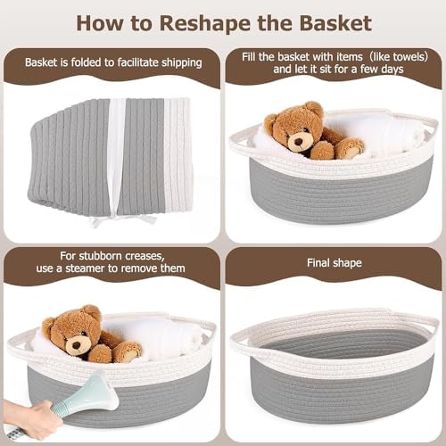 5 Pack Small Woven Cotton Rope Storage Basket with Gift Bags and Ribbons, Nursery Organizer Bin with Handles for Gift Laundry Home Organization, Grey - Image 4