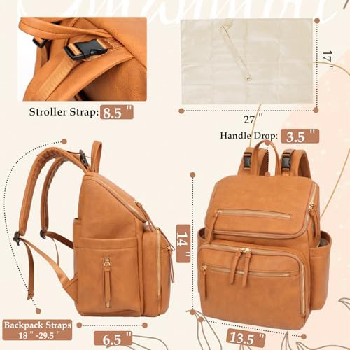 Omanmoli Diaper Bag Backpack Large Baby Diaper Bag Leather with 17 Diaper Bag Organizing Pouches,Changing Pad,Stroller Straps,4 Insulated Pockets,Honey - Image 5