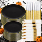 KIRE 350 PCS Black and Gold Plastic Plates - Plastic Dinnerware for Wedding by KIRE