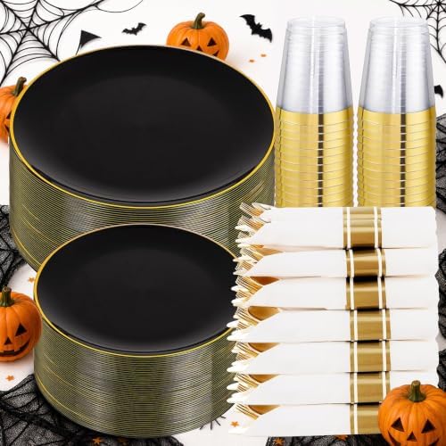 KIRE 350 PCS Black and Gold Plastic Plates - Plastic Dinnerware for Wedding by KIRE