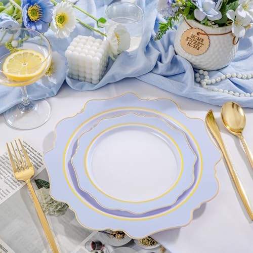 WDF 100PCS Blue Plastic Plates - Light Blue Plates Disposable - Heavy Duty Scalloped Plastic Plate for Parties/Wedding/Baby Shower - Image 2
