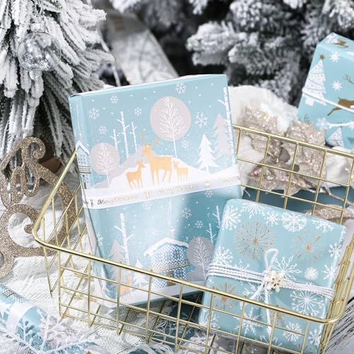 WRAPAHOLIC 30 Inch Christmas Wrapping Paper Roll - Jumbo Roll Blue and Silver Reindeer, Christmas Tree, Snowflake Holiday Design Printed on Pearlized Paper - 4 Rolls - 30 Inch x 120 Inch Per Roll - Image 3