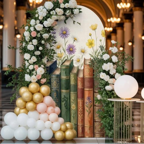 Colored Books Arch Backdrop Cover 6.6 FT, Vintage Floral Book Spines Linen Texture Wedding Arch Cover Stretchy Backdrop Stands Covers for Birthday Party Ceremony Banquet Decor - Image 3