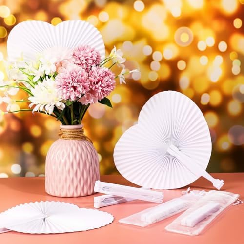 Yinkin 80 Sets White Paper Fans for Wedding Guests Bulk with Plastic Handles, Foldable Heart Shaped Handheld Fans with 80 Organza Bags for Birthday Bridal Shower Church Celebration DIY Party Decor - Image 7