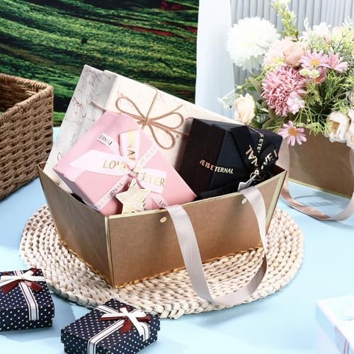 Tuanse 30 Pcs Basket for Gift Empty DIY Bulk Gift Basket Kit with Handle Kraft Cardboard Tray with 30 Bag 30 Bow Market Tray for Wedding Party(Brown Gold,9.8 x 6.7 x 4.3 in) - Image 5
