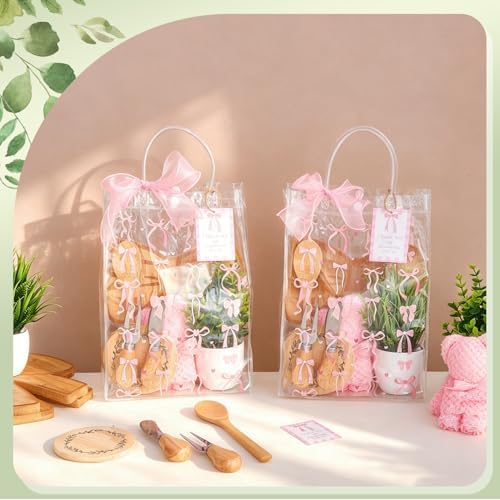 56Pcs Baby Shower Prizes for Game Winners Bamboo Cheese Board Fork Butter Spreaders Coasters Towel Artificial Potted Plant Gift Bag for Baby Shower Bridal Shower Favors (6 Sets, Bamboo Bow Shaped) - Image 2