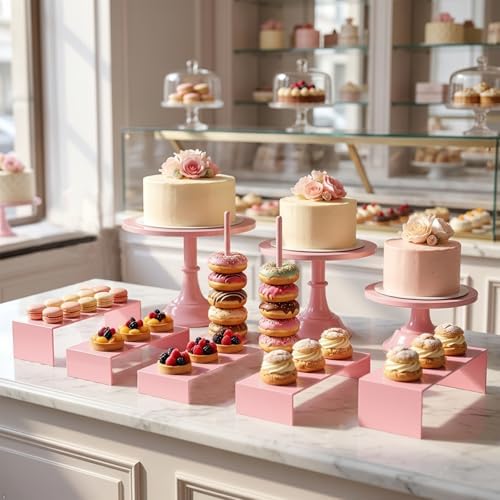 Pink 11Pcs Metal Dessert Display Set Round Cake Stand Riser Platter - Image 3