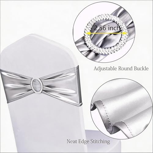 Pack of 100 Metallic Silver Chair Sashes Bows, Chair Bands Silver Buckle - Image 3
