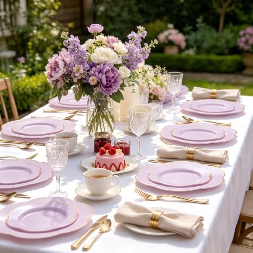 Liacere 50PCS Purple Plastic Plates-Heavy Duty Lavender Purple Disposable Plates-Purple Gold Plastic Plates-25PCS Purple Dinner Plates,25PCS Purple Dessert Plates for Party & Baby Shower ＆ Wedding - Image 6