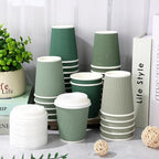 Whaline 100Pcs Sage Green Disposable Coffee Cups with Lids 8oz Gradient Green Paper Cups Corrugated Ripple Wall Insulated Hot Cups for Home Office Party Supplies - Image 3