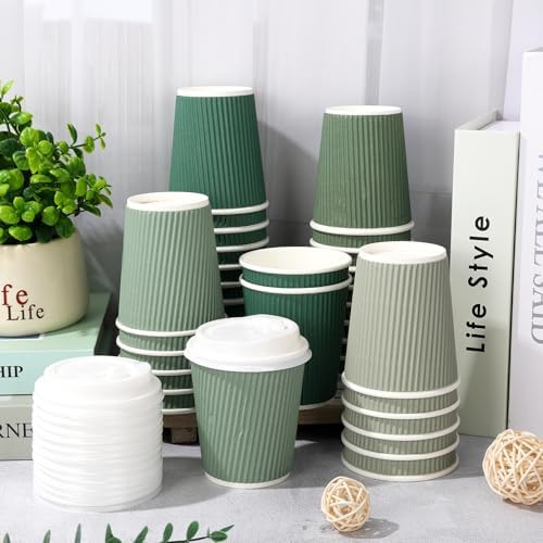 Whaline 100Pcs Sage Green Disposable Coffee Cups with Lids 8oz Gradient Green Paper Cups Corrugated Ripple Wall Insulated Hot Cups for Home Office Party Supplies - Image 3