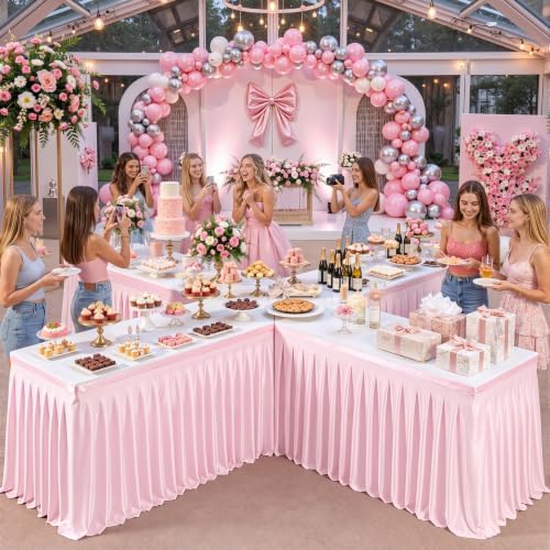2 Panels Pink Desk Skirt for Teacher Desk 6ft Table Skirts for Rectangle Tables 6ft Spandex Curtain Table Skirt for Classroom Ruffle Fabric Tablecloth for Party Wedding Baby Shower Decorations - Image 2