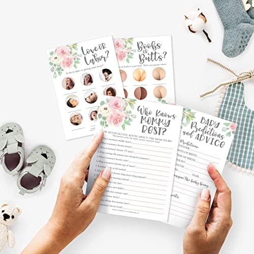Hadley Designs 25 Floral Love or Labor, Boobs Or Baby Butts Game, 25 Who Knows Mommy Best, Baby Prediction And Advice Cards-4 Double Sided Cards, Gender Reveal Games for Baby Shower - Image 2