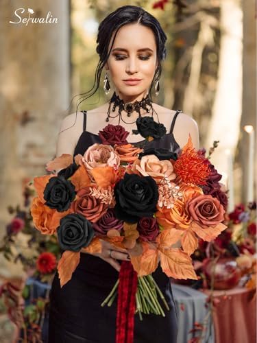 Serwalin Artificial Fall Flowers Orange and Black Silk Flowers for Wedding - Image 2