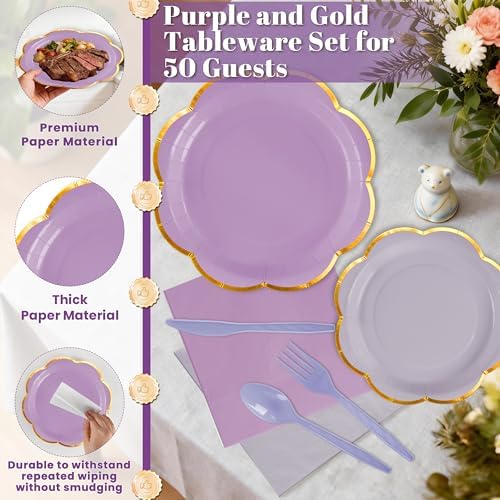 350Pcs Purple Paper Plates and Napkins Party Supplies for 50 Guests - Image 4