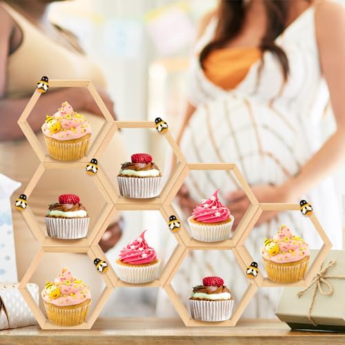 Fairysandy 12 Pcs Mini Honeycomb Cupcake Stand 50 Tiny Wooden Bee, Wood - Image 5