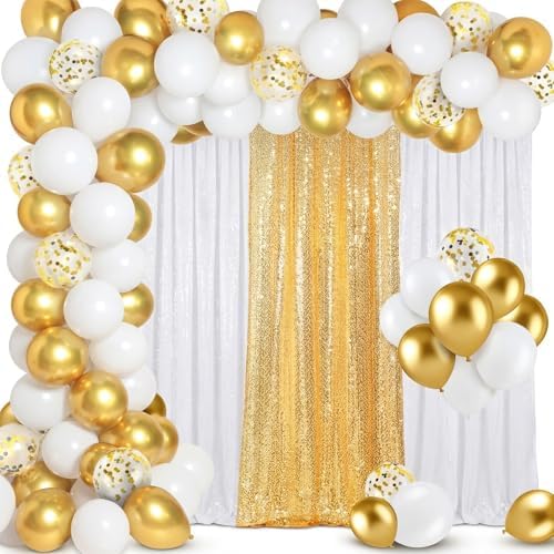 SmoothNovelty 137 Pcs White Gold Sequin Curtains Balloon Garland Kit by SmoothNovelty