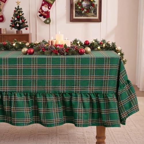 Romanstile Christmas Plaid Ruffled Tablecloth Rectangle, 60x120 Inch Green by Romanstile