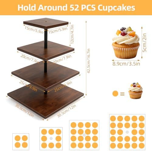4-Tier Wooden Cupcake Stand, Rotating Cupcake Tower for 50 Cupcakes, Square Dessert Display Stand for Wedding Birthday Baby Shower Graduation Christmas Halloween Party - Image 2