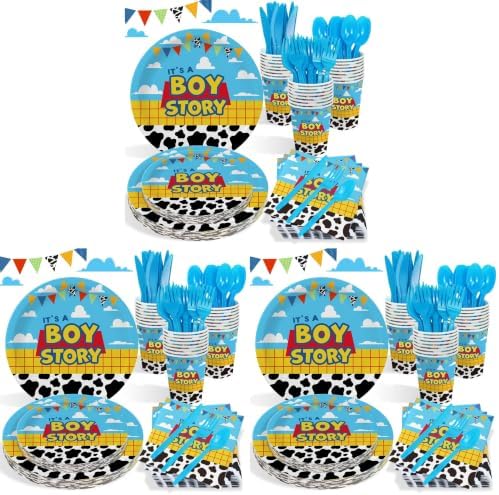 Cartoon Boy Story Baby Shower Decorations Plates 25 Guests,175 Pcs It's A Boy Story Baby Shower Cardstock Paper Plates Napkins Cups Cutlery Set Party Decorations (Pack of 3) by Heboland