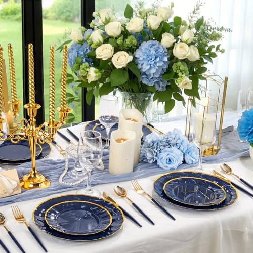 Supernal 102Pcs Gold Plastic Cutlery with Dark Blue Handle for Party - Image 2
