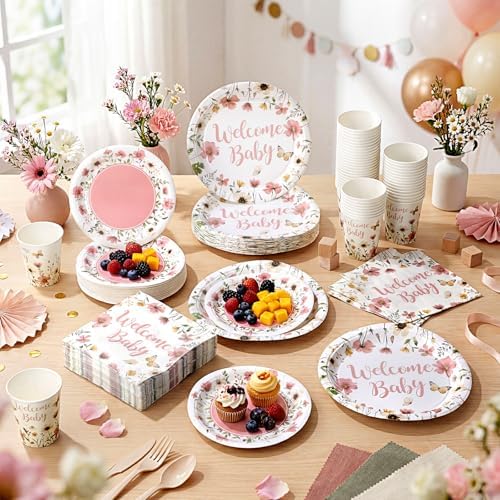Pickmesh 250 Pcs Pink Floral Baby Shower Party Supplies Decorations Serve 50 Wildflower Welcome Baby Disposable Paper Plates Napkins and Cups for Birthday Babies Girl Shower Gender Reveal Party Decor - Image 4
