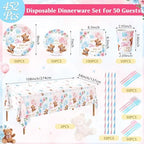 LemonRoad 452 Pcs Bear Gender Reveal Party Decoration for 50, He or She Gender Reveal Paper Plates Napkins Cups Tablecloth Cutlery Straws Pink Blue Disposable Tableware for What Will Baby Be Supplies - Image 3